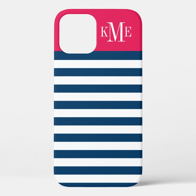 Modern Cherry Red Navy Stripes Custom Monogram Case-Mate iPhone Case (Back)