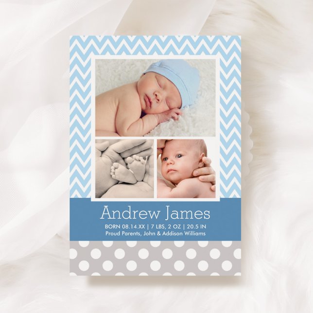 Modern Chevron Baby Boy Blue Grey Photo Birth Announcement (Creator Uploaded)