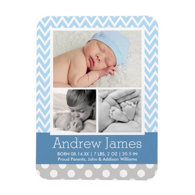Modern Chevron Baby Boy Blue Grey Photo Birth Magnet (Vertical)