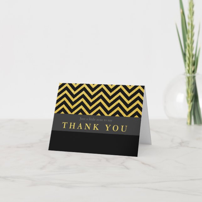 Modern Chevron Black & Gold Folded Thank You Card (Front)