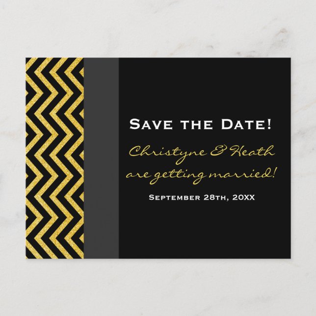 Modern Chevron Black & Gold Save Date Postcard (Front)