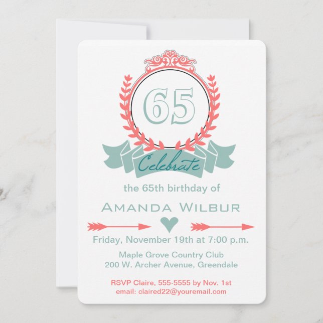 Modern Chevron Coral Blue 65th Birthday Invitation (Front)
