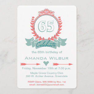 Modern Chevron Coral Blue 65th Birthday Invitation