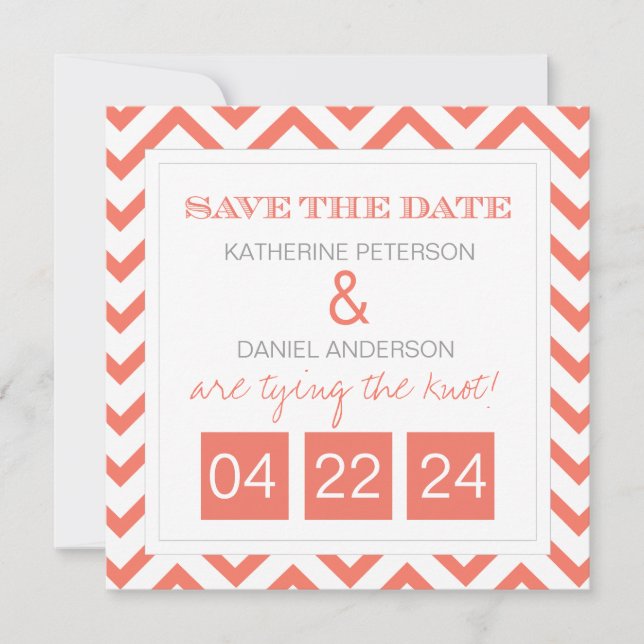 Modern Chevron Coral Save the Date (Front)