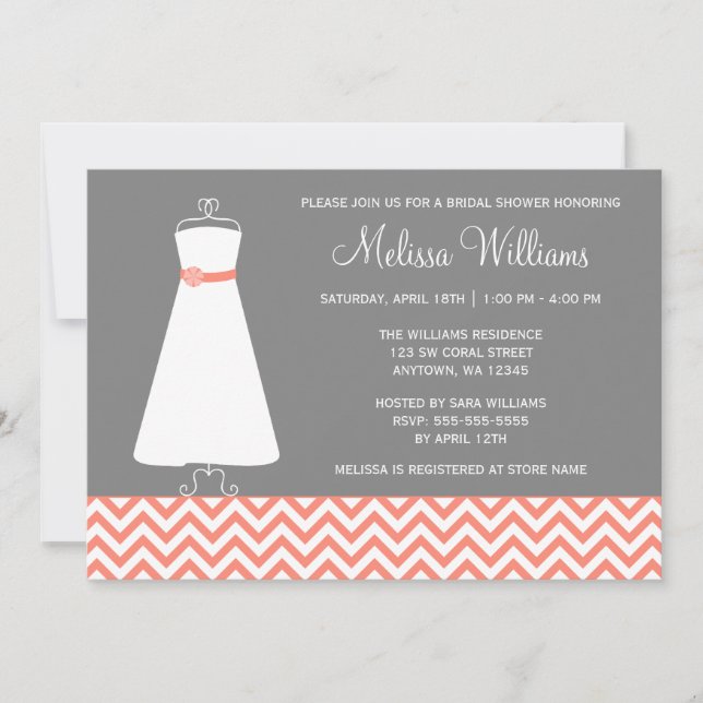Modern Chevron Gown Coral Grey Bridal Shower Invitation (Front)