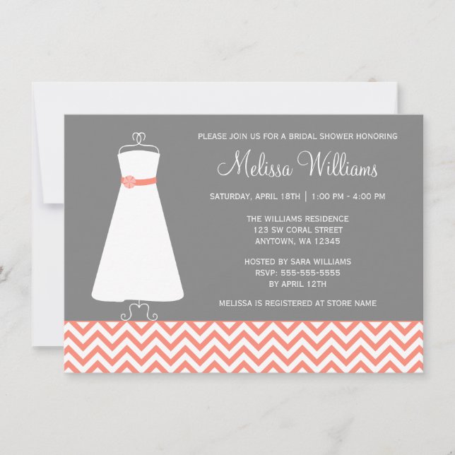 Modern Chevron Gown Coral Grey Bridal Shower Invitation (Front)