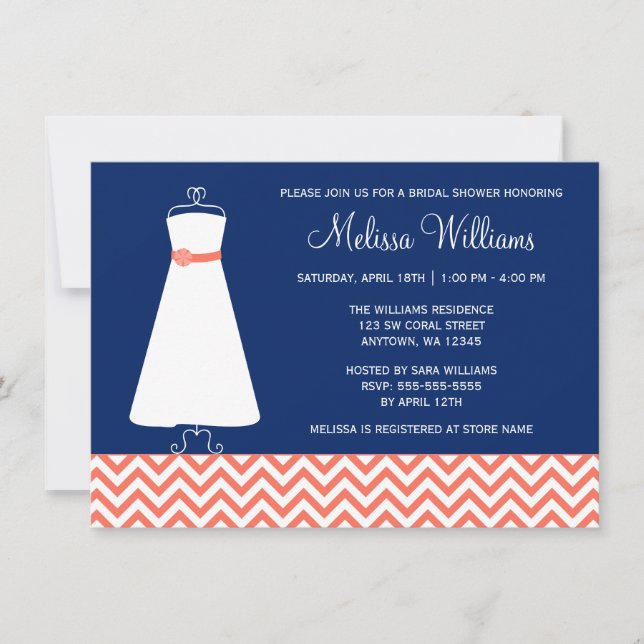 Modern Chevron Gown Coral Navy Blue Bridal Shower Invitation (Front)