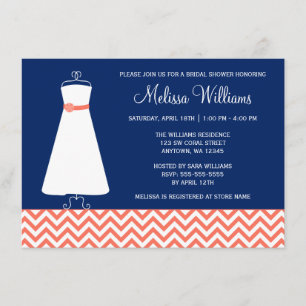 Modern Chevron Gown Coral Navy Blue Bridal Shower Invitation