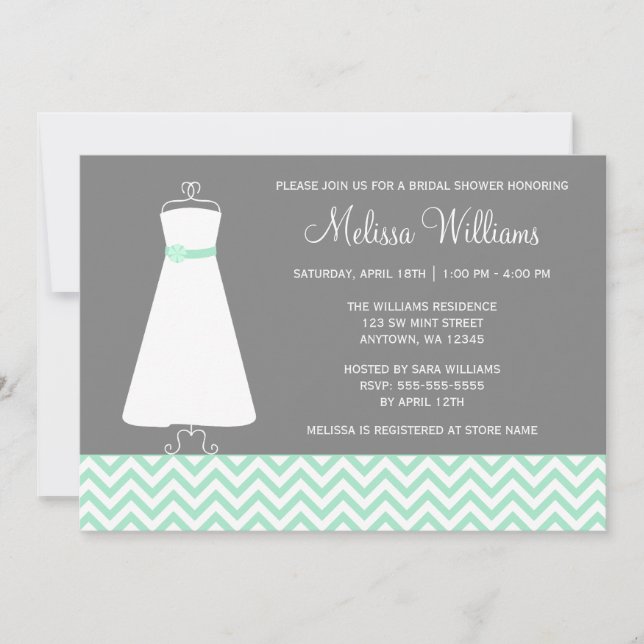 Modern Chevron Gown Mint Grey Bridal Shower Invitation (Front)