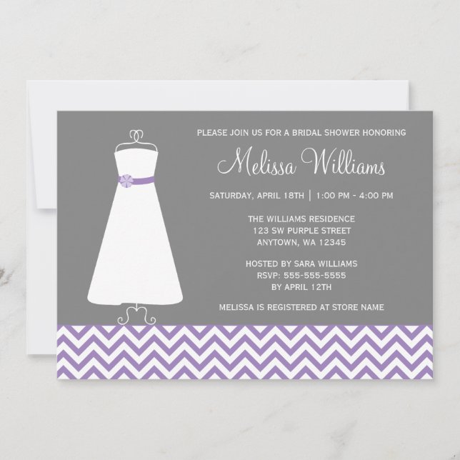 Modern Chevron Gown Purple Grey Bridal Shower Invitation (Front)