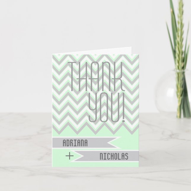 Modern chevron grey, mint green wedding Thank You (Front)