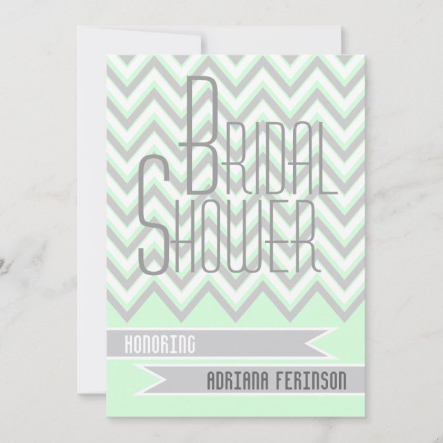 Modern chevron grey, mint wedding bridal shower invitation (Front)