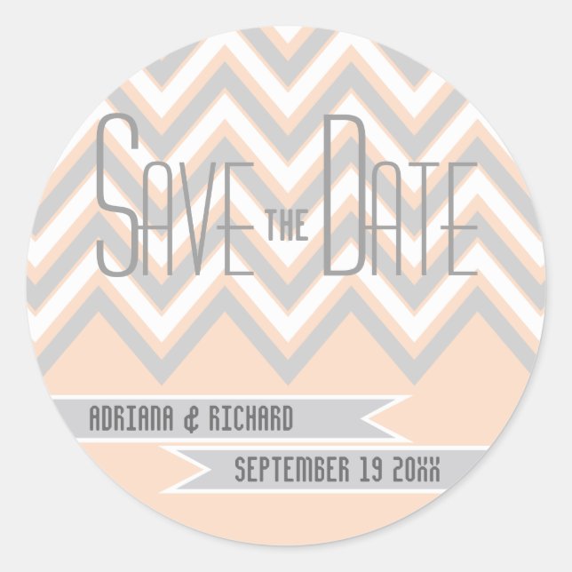 Modern chevron grey, peach wedding Save the Date Classic Round Sticker (Front)