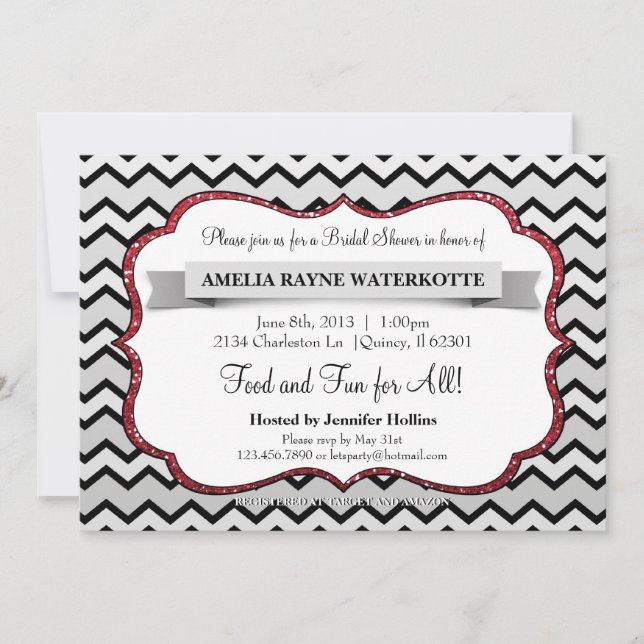 Modern Chevron Grey Red Bridal Shower Invite (Front)