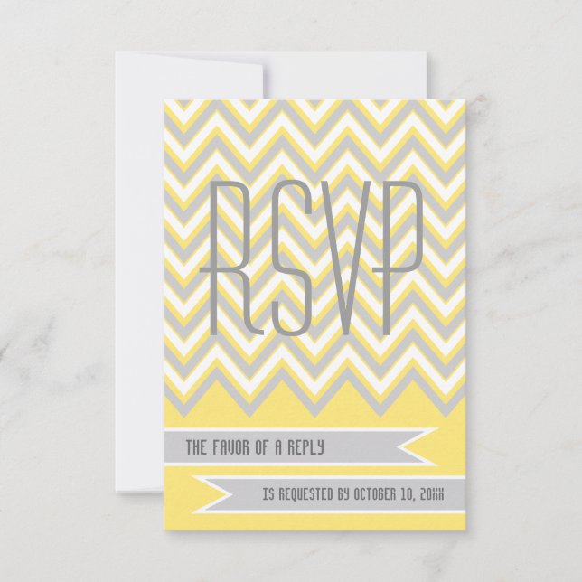 Modern chevron grey, yellow wedding RSVP (Front)