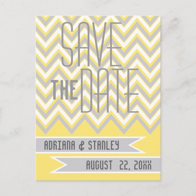 Modern chevron grey, yellow wedding Save the Date Announcement Postcard (Front)