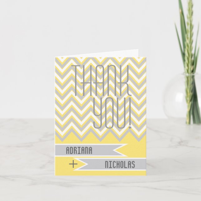 Modern chevron grey, yellow wedding Thank You (Front)
