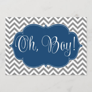 Modern Chevron Navy Blue Grey Boy Baby Shower Invitation