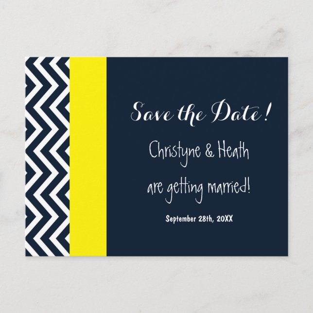 Modern Chevron Navy Blue Yellow Save Date Postcard (Front)