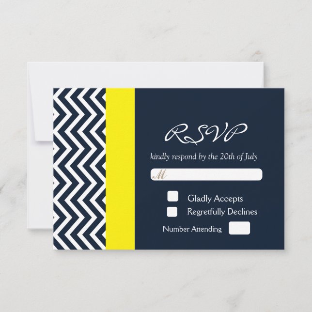 Modern Chevron Navy Blue Yellow Wedding RSVP Card (Front)
