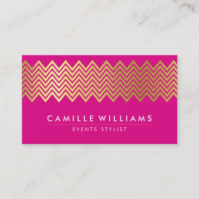 MODERN CHEVRON pattern gold foil bright hot pink Business Card (Front)