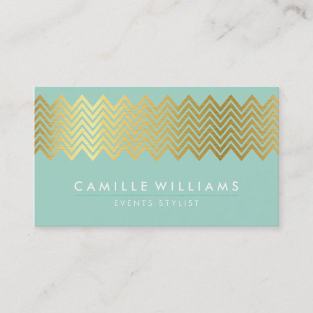MODERN CHEVRON pattern gold foil trendy mint green Business Card (Front)
