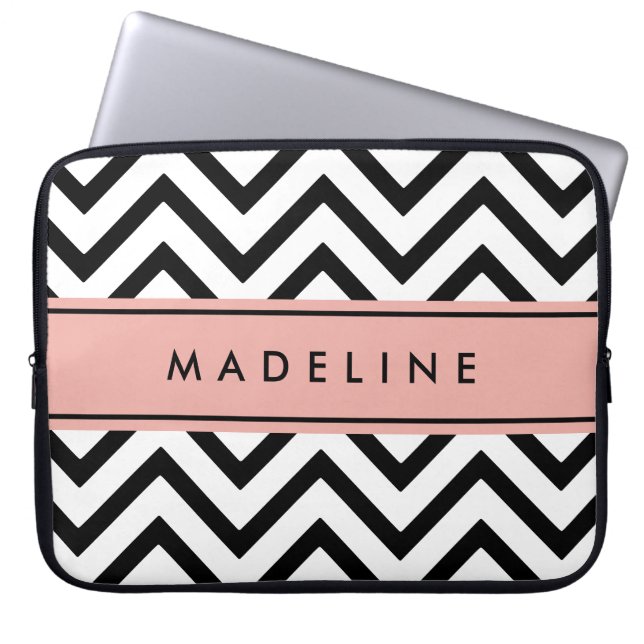 Modern Chevron Pattern & Name Pink, Black & White Laptop Sleeve (Front)