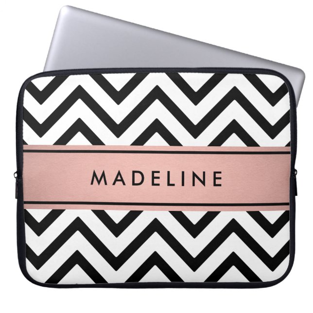 Modern Chevron Pattern & Name Pink, Black & White Laptop Sleeve (Front)