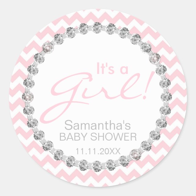 Modern Chevron Pink White It's a Girl Baby Shower Classic Round Sticker (Front)