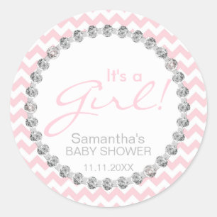 Modern Chevron Pink White It's a Girl Baby Shower Classic Round Sticker