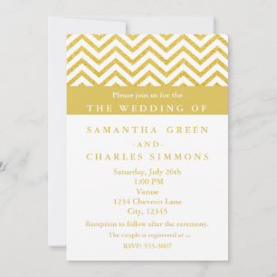 Modern Chevron White & Gold Wedding Invitations