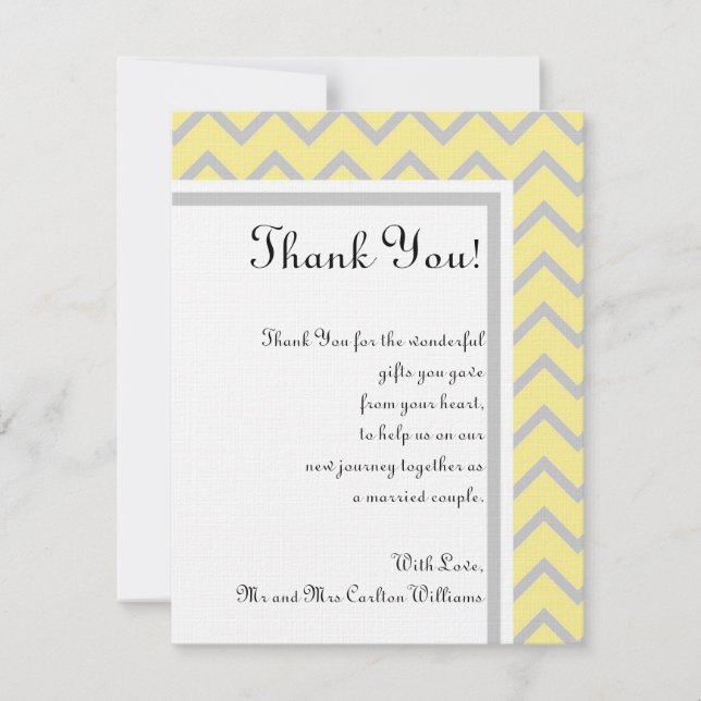 Modern Chevron Yellow/Grey Wedding Thank You Card (Front)