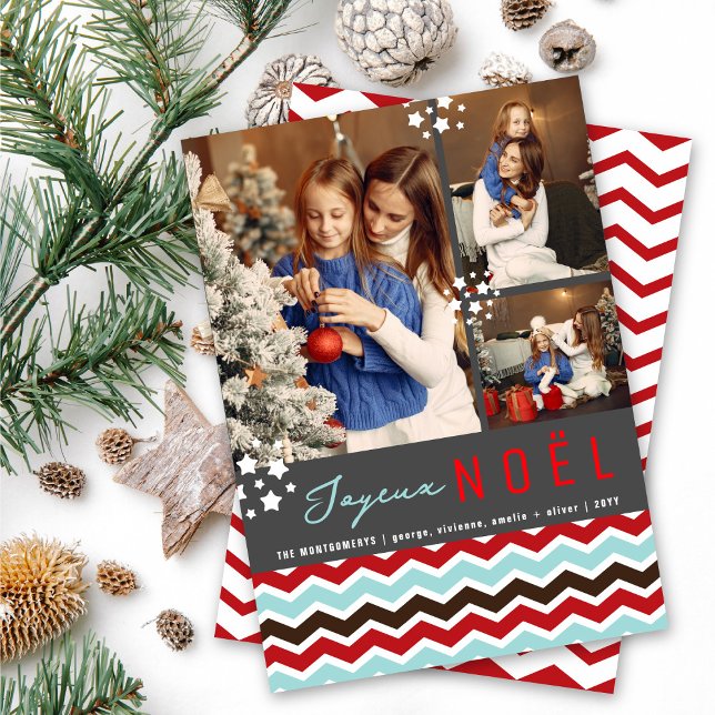 Modern Chevron Zig Zag Pattern Joyeux Noel 3 Photo Holiday Card (Creator Uploaded)