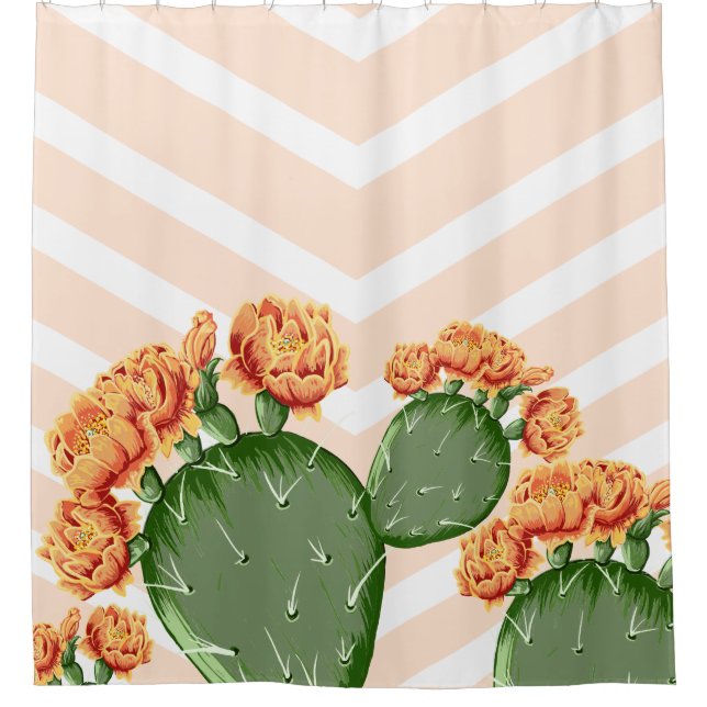 Modern Chevrons Prickly Pear Flowering Cactus Shower Curtain (Front)