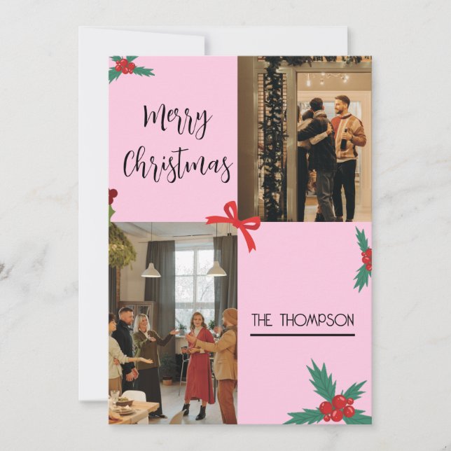 Modern Chic 2 Photo Holly Berries Merry Christmas Holiday Card (Front)