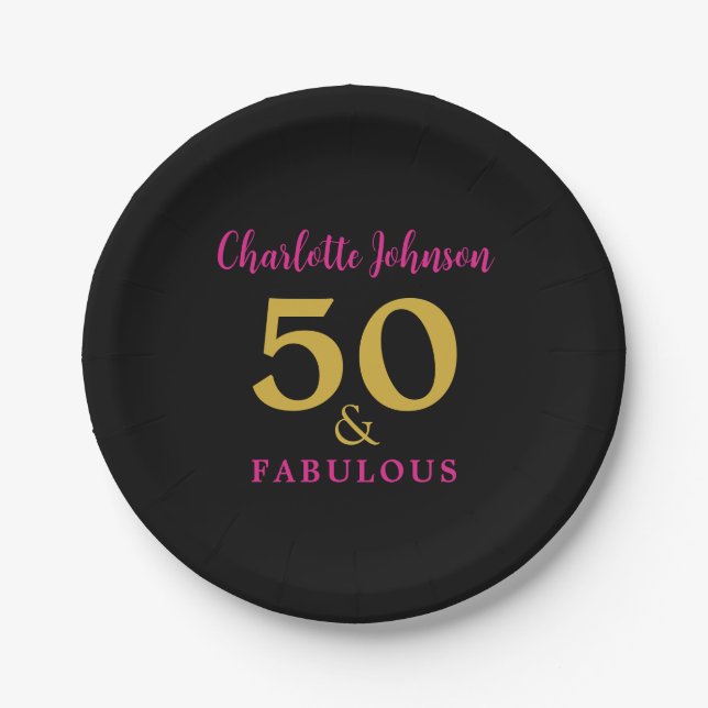 Modern Chic 50th Birthday Party Black Pink Gold Paper Plate (Front)