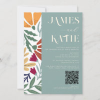 Modern Chic Abstract Floral Retro Sage Wedding QR 