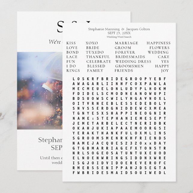 Modern Chic Al White Wedding Word Search Save Date Invitation (Front/Back)