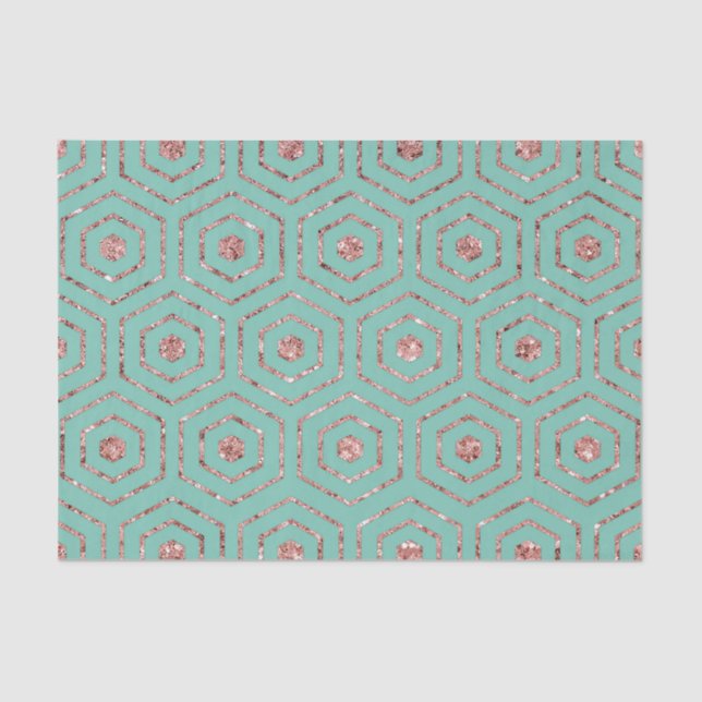 Modern Chic Aqua Rose Gold Glitter Hexagon Geo Tissue Paper (Front)