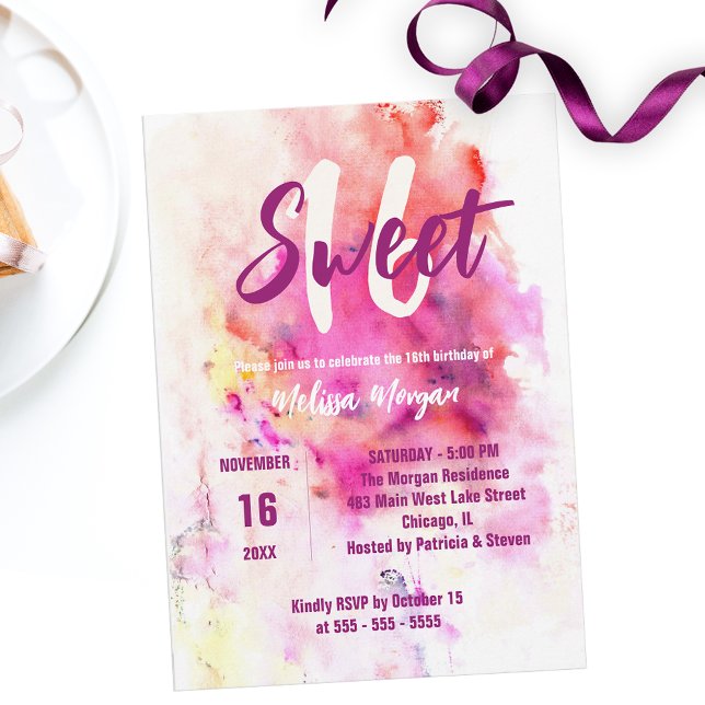 Modern Chic Artistic Watercolor Sweet 16 Birthday Invitation (Creator Uploaded)