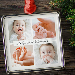 Modern Chic Baby's First Christmas 4 Photo Holiday Metal Tree Decoration