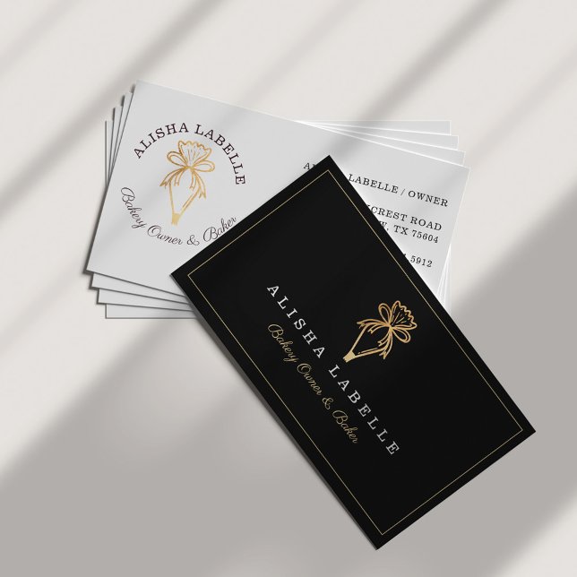Modern & Chic Bakery Piping Bag Logo Black & Gold Business Card (Creator Uploaded)