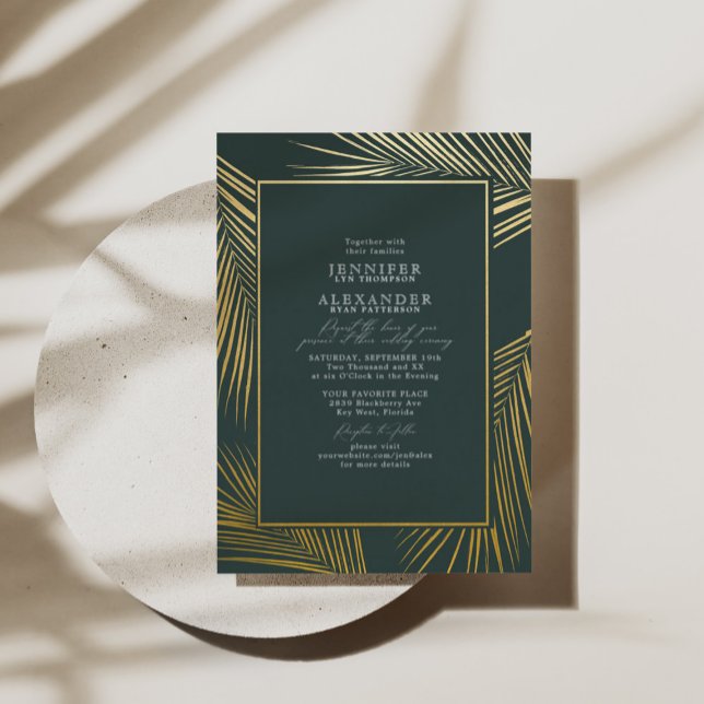 Modern Chic Beach Palm & RSVP QR Code Wedding Gold (Creator Uploaded)