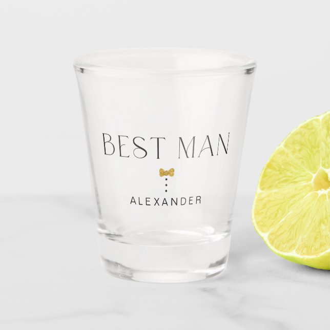 Modern Chic Best man Art Deco Gold Bow Tie Name Shot Glass (Front)