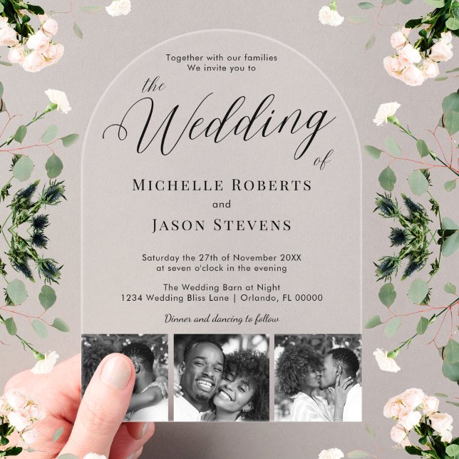 Modern Chic Black and White 3 Photo Strip Wedding Acrylic Invitations (Creator Uploaded)