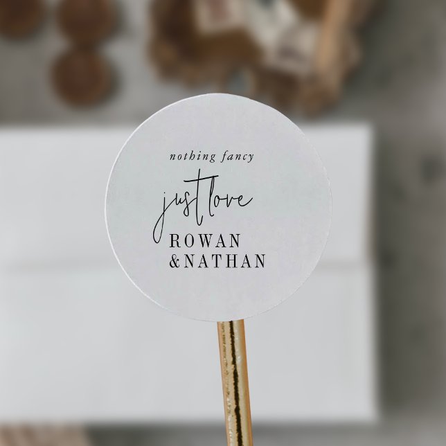 Modern Chic Black and White Just Love Wedding Classic Round Sticker (Creator Uploaded)