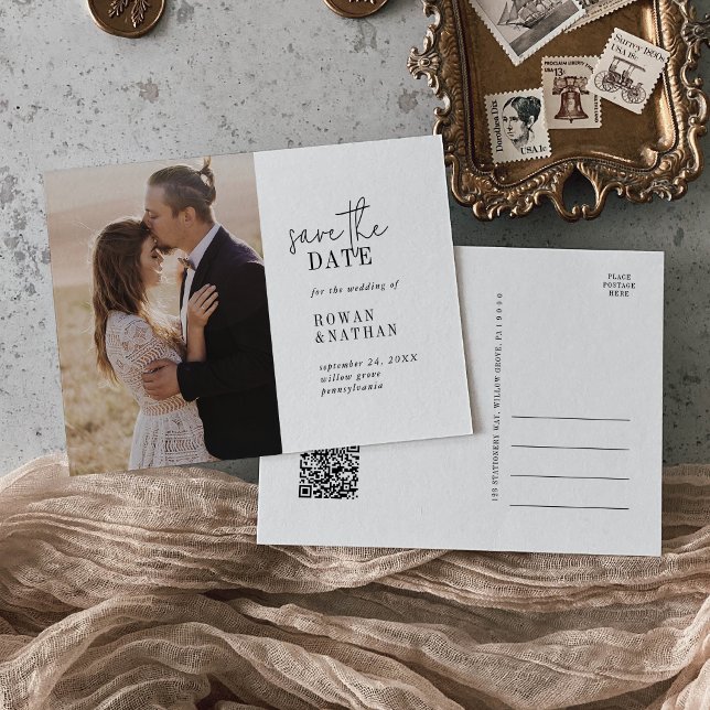 Modern Chic Black and White QR Code Save the Date Invitation Postcard (Creator Uploaded)