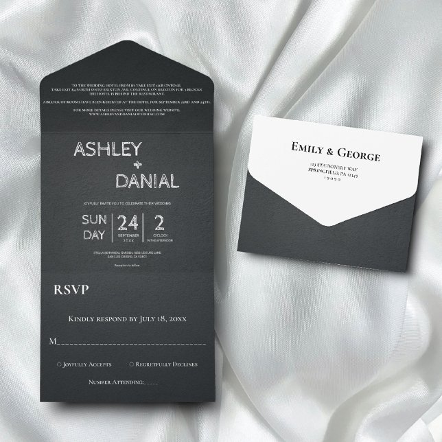 Modern Chic Black And White Script Rustic Wedding All In One Invitation (Creator Uploaded)