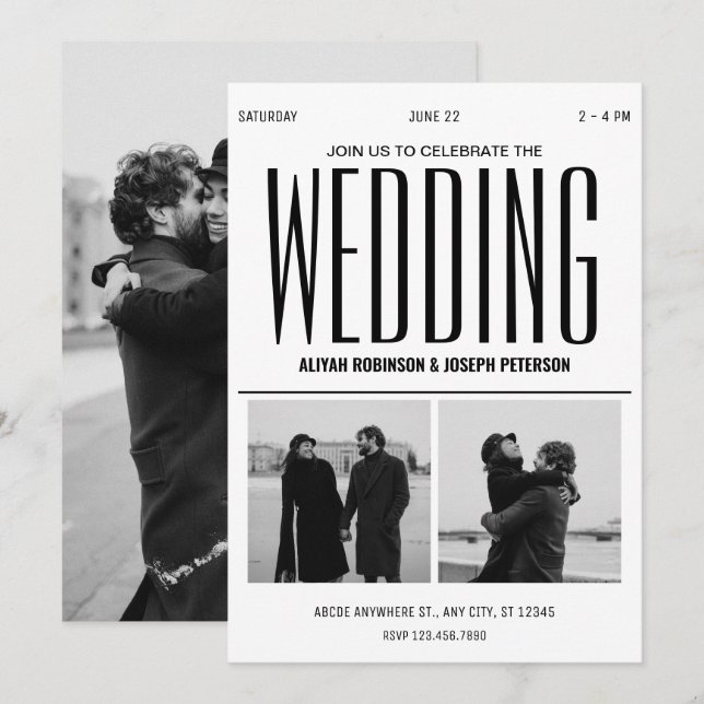 Modern chic black and white wedding photo  invitation (Front/Back)