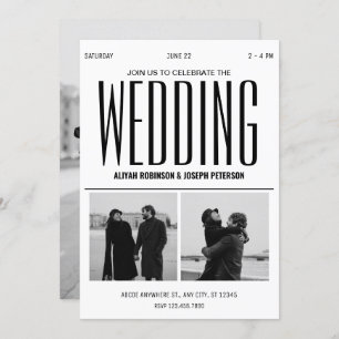 Modern chic black and white wedding photo invitation